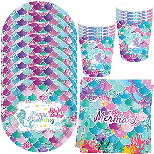 HGSHUO Stoviglie per Feste di Compleanno Sirena Stoviglie per Compleanno Decorazioni Mare Piatti Bicchieri di Carta Tovaglioli Forniture per Feste Matrimonio Baby Shower 8 Ospiti