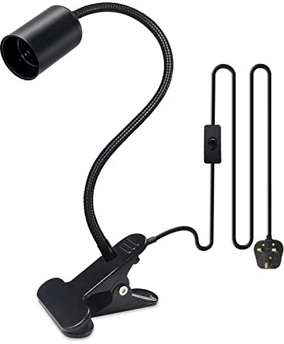 Clip on E27 Bulb Holder, Clip on Desk Light Socket, Bedside Reading Light with Metal Clip, Adjustable Light Stand Clamp Lamp Fixture with 220CM Cable and Switch, 350MM Black Long Gooseneck