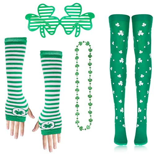 Qpout 4 Stück St.Patrick's Day Accessoires,Irische St. Patrick's Day Socken,Brillenrahmen,Grüner Lucky Shamrock Ärmel, St.Patrick's Day Party Paraden Cosplay Kostüm St Patricks Day Outfits