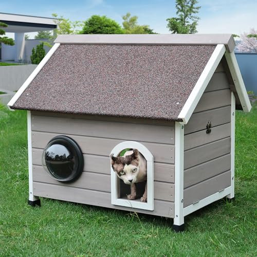 HiCaptain Casa per gatti all'aperto resistente alle intemperie per gatti, casa per animali domestici in legno con forma unica, finestra a cupola, porta di fuga e soffitta rimovibile grigio