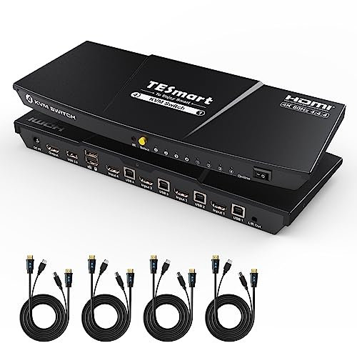 TESmart HDMI KVM Switch 4 Ports, 4 PC 1 Monitor Switch, EDID Emulator, Hotkey, Button Umschalter, USB 2.0 für Printer Scanner, Audio Ausgang, KVM Switches 4K30Hz für 4 Computer mit 4 * 1.5M Kabeln