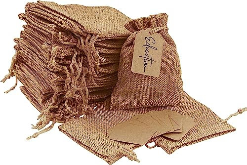 Lamondre 30 Stück klein jutesäckchen mit Kordelzug 10x14cm, Wiederverwendbare leinensäckchen Geschenksäckchen, Jutebeutel Kleine für Schmuck Hochzeit Party Weihnachten (Gelbbraun)