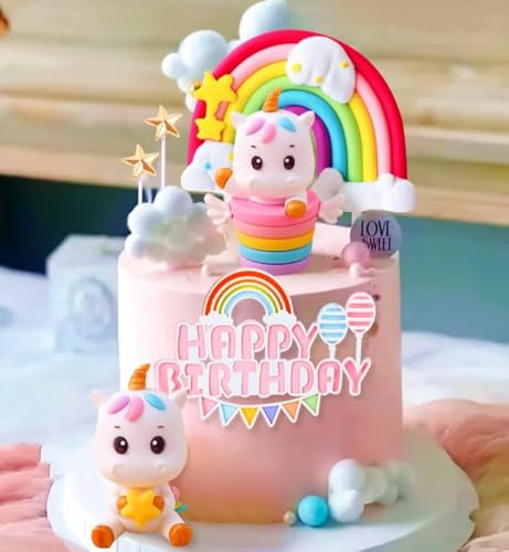 JeVenis Regenbogen Einhorn Kuchendeko Einhorn Geburtstag Dekoration Regenbogen Kuchen Topper Einhorn Party Gefälligkeiten Regenbogen Geburtstag Dekoration Geburtstag Kuchen Dekoration für Mädchen