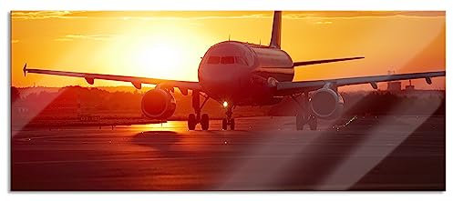 Pixxprint Glasbild Panorama, Wandbild aus Echtglas, Flugzeug im Sonnenuntergang, 120x50 cm, inkl. Aufhängung und Abstandshalter