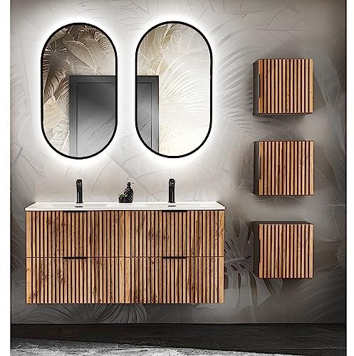 Lomadox Badezimmer Badmöbel Set Doppelwaschtisch 120 cm, LED Spiegel, 3X Hängeschrank in anthrazit mit Eiche Nb. schwarz gerillt