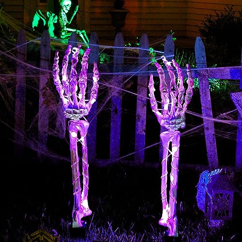 Halloween Deko Skelett, 2 Stück 48 LED Skelett Arme mit Lichterkette Lila, Wasserdicht Skelettarme Halloween Deko, Realistische Skelett Dekoratione für Garten Hof Party