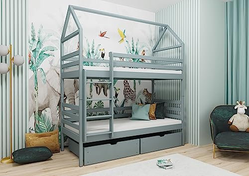 LANO meble Kinder-Etagenbett in Hausform Alex 80x180 Aschgrau, mit Aufbewahrungsbox für Bettwäsche und Spielzeug, mit Rahmen