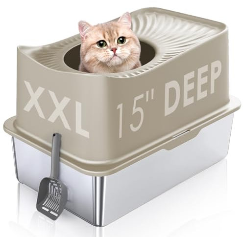 JOISTOON Edelstahl Katzentoilette mit Deckel, Extra Gro, Hochseitig, Rostfrei, Ideal fr groe Katzen oder mehrere Katzen