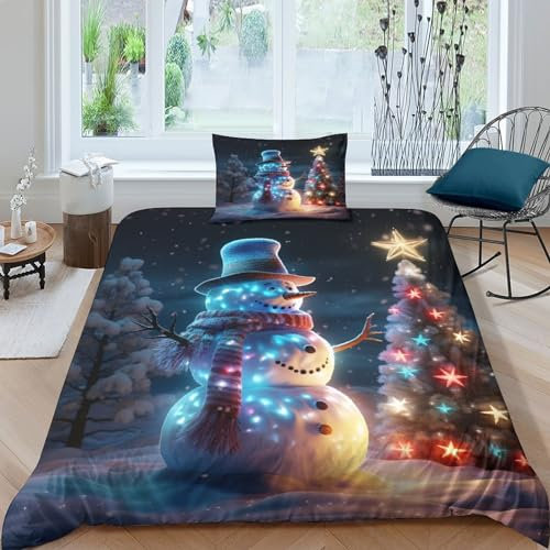 POCHY Weihnachten Schneemann Bettwäsche Set Bettbezug Set Für Kinder Jungen Mädchen Weich Atmungsaktiv Microfaser Betten Set Mit Reißverschluss Und Kissenbezug 2 Teilig Sets Single(135x200cm)