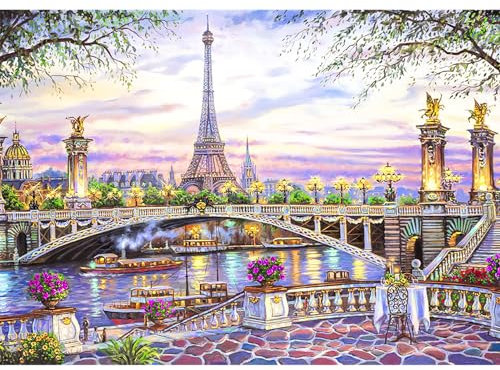 AIRDEA 5D Blumenbrücke Paris Eiffelturm Diamond Painting, Diamant Painting Erwachsene Set, Full Drill Bilder Diamant Malerei Poster Kreuzstich Kits 40x30cm
