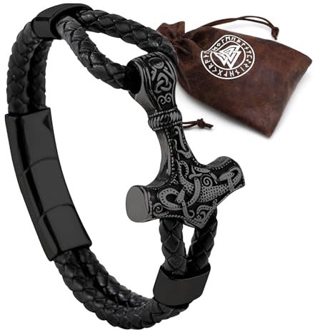 MHDUYEG Wikinger Armband Heren - Armband Leder Herren - Thor Hammer Armband, Retro Wikinger Deko, Armband Herren Wikinger Männer Lederarmband für Valentinstag Weihnachten (Inklusive Geschenktüte)