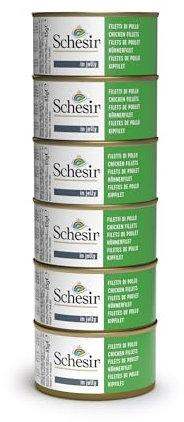 Schesir, Nassfutter für ausgewachsene Katzen, Hühnerfilets in Filets und 100% natürliches Gelee, Packung mit 6 Dosen x 85 g