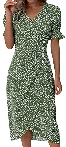 SoLu DAY8 Robe Boheme Chic Mi Longue Femme - Cache Coeur Cintrée Asymétrique pour Mariage Invité - Manche Courte Volants Col V Sexy Casual Midi