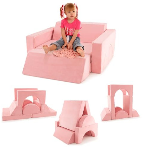 COSTWAY Modulares Kindersofa, Spielsofa, Modulsofa mit abnehmbarem Bezug, Kleinkind-Couch für Spielzimmer und Kinderzimmer zum Spielen, Gestalten & Schlafen (Rosa)