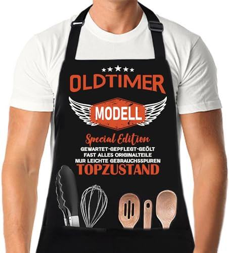 XCSJKJ Grillschrze für Männer mit Spruch OLDTIMER MODELL, Mann Geburtstag Geschenkideen Grillschürze für Männer Lustig Grillen Barbecue BBQ Küchenschürze Geschenk.