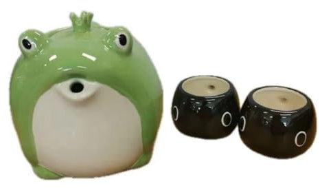PickMeYA Ceramic Frog Tea Pot Set, Set of 3 (1 Teapot 2 Cups), Cute and Creative Tea Service, Ideal for Office and Home Use, Kitchen Living Room Home Decor, Green, black