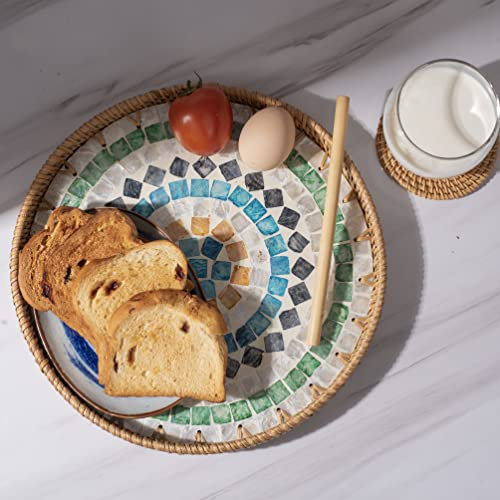Laquedecraft Bandeja redonda de mimbre de mimbre de diamante de 13.8 pulgadas para decoración de mesa de centro, bandejas decorativas grandes de tejido circular bohemio para exteriores, hogar, cocina