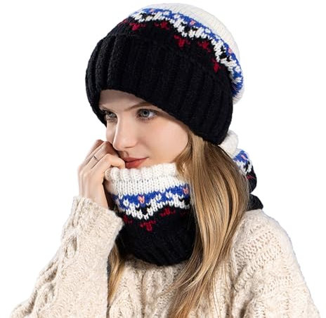 Schal Altrosa Damen Winter warme Strickmütze Damen Ohrenschützer Wollmütze Mütze Schal Handschuhe Set Damen (Black, One Size)