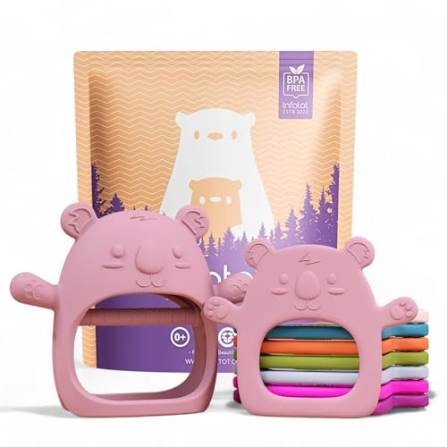 Infatot® Teething Toys for Baby Gifts – 2-Pack Koda Koala Teether Mitten Glove, Soothing Hand Teethers for Infants, Baby Toys 0-6 Months and Up, Newborn Essentials for Teething Relief, Plum