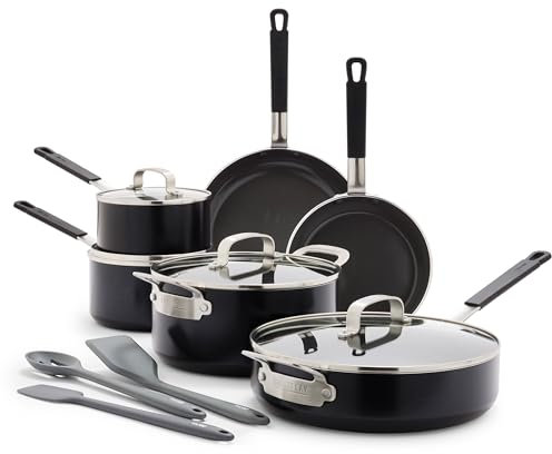 GreenPan Bobby Flay Lot de 13 casseroles et poêles en aluminium de qualité professionnelle, anti-adhésive sans PFAS et PFOA, compatible avec l'induction, poignée en silicone qui reste froide, passe au