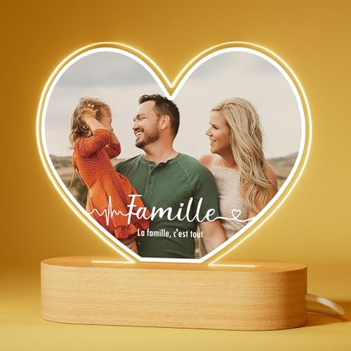 Bemaystar Cadeau Personnalisé pour la Famille - Lampe Personnalisée avec Photo et Texte - Cadre Verre Acrylique avec Socle LED en Option