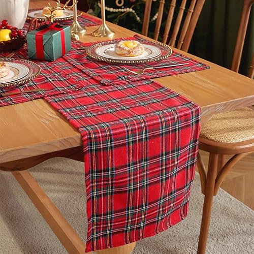 Tischläufer Weihnachten Rot, Waschbar, Weihnachten Hochwertiger Druck Tischdecke, Kariert, weihnachtsdeko Tisch Tischtuch für Hochzeit, Urlaub, Party (Rot und Grün,40*200 cm)