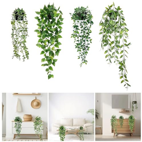 KNGNGK 4 Pièces Plante Artificielle Tombante Fausse Plante Tombante avec Pot Fausse Plante Verte Tombante Plantes Artificielles Suspendues Fausse Plante Tombante Interieur pour Cuisine, Jardin, Bureau