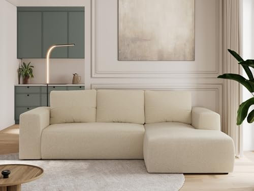MKS MEBLE Sofa mit Schlaffunktion - Ecksofa mit Schlaffunktion und Bettkasten - Sofa 3 Sitzer - Schlafsofa - Couch - Schlafsofa mit Bettkasten - Trentino L - Beige Boucle - Rechts