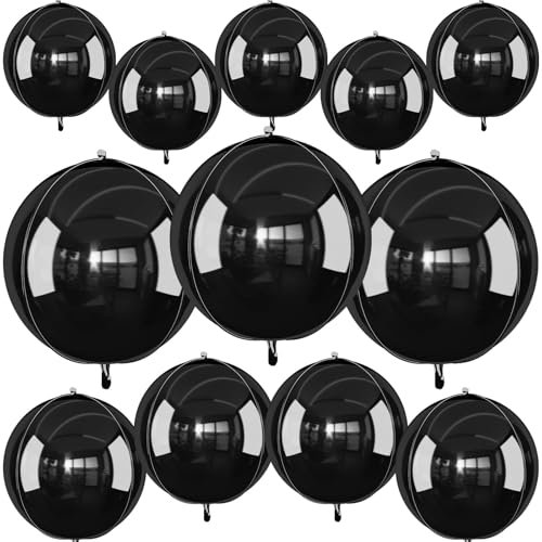 12Pcs Black Round Foil Balloons, 22 15 10 Metallic Black 4D Ball Balloons for Birthday Graduation Christmas New Year Eve Halloween Party Backdrop Decorations
