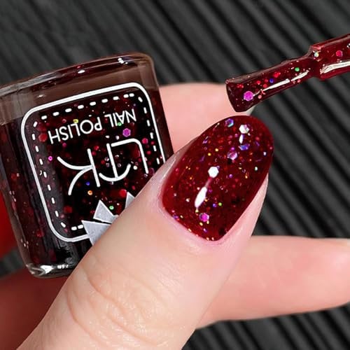 Red Nail Polish - Glitter Nail Varnish - Long Lasting & Quick Dry Shimmer Deep Red Nail Polish - No Need Cure Chip Resistant Sparkle Nail Varnish for Women DIY Manicure Nail Art