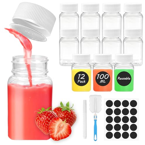 12 Pack Juice Shot Bottles with Lids 100ml Plastic Juice Bottles with Label | Small Shot Bottle with Cap, Leakproof Reusable PET Bottles for Juice Shots, Smoothies, Milk, Beverages
