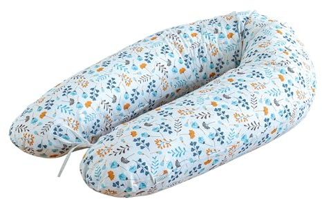 LOOLAY Schwangerschaftskissen - Stillkissen 170 cm - Seitenschläferkissen 100% Baumwolle - mit Abnehmbarem Bezug - Schwanger Kissen für Schlafen (Blumen blau gelb)