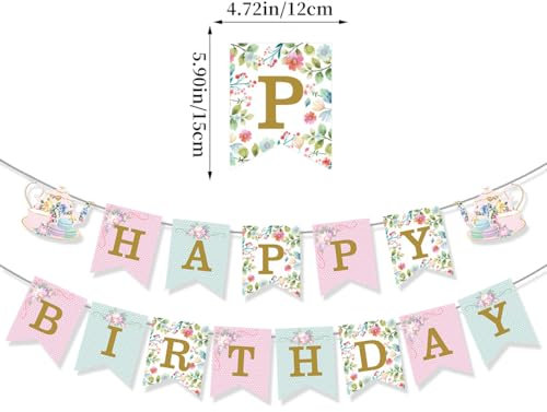 RKMYTR Pink Tea Party Decorations Set - Adjustable Happy Birthday Banner & Bunting for Afternoon Tea Celebrations,Indoor/Outdoor Birthday Parties &Alice-Inspired EventsParty Bunting for All Ages
