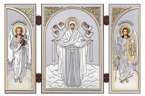 NKlaus Triptychon aus Holz, Maria Schutz, 13x8x0,6cm, christlich, 1 Stück | Als Reisealtar; mit Erzengel Gabriel und Michael, goldener Prägung und Lackschicht