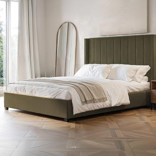 Flair Furnishings - Tiggy Double Ottoman Bed Frame with Storage, Low Double Bed Frame with Winged Headboard, Easy to Lift, Elegant and Refined (Khaki Velvet)