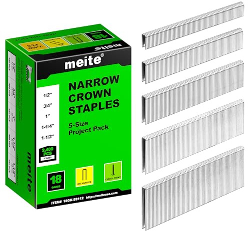 meite 18 Gauge Type 90 Narrow Crown Staples, Assorted 5 Sizes (13, 19, 25, 32, 38mm, Each Size 480 Counts) Galvanized Staples for Heavy Duty and Upholstery, 5 Sizes Project Pack