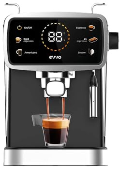 EVVO Cafetera Espresso Intensa 30S - Cafetera Automatica Bomba 20 Bares, 1350W, Inoxidable, Panel Táctil, Depósito 1.5L, Brazo Doble, Vaporizador Metalizado, Thermoblock, Cold Espresso,