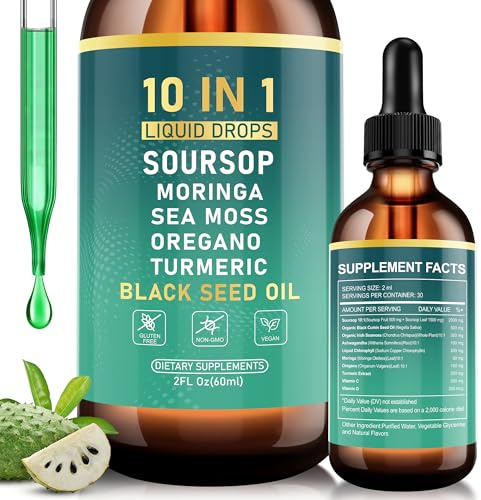 Royavita Soursop Bitters Liquid Drops, Bitter Herbs with Soursop Extract, Ashwagandha, Sea Moss & Black Seed Oil, Formulated for Immune Wellness, Antioxidant Support & Healthy Digestion, 2 FL Oz