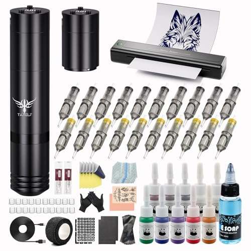 TATELF Komplettset – Kabelloser Stencil drucker mit Rotationsstift Set, Bluetooth Transferpapier Drucker mit 20 Nadeln & 10 Farben, All-in-One für Anfänger & Prof