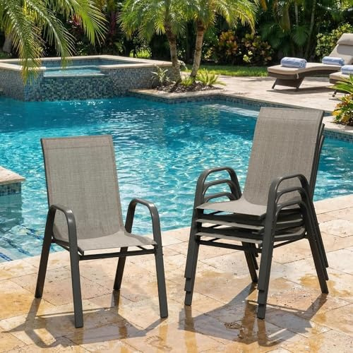 RBFGYIOP Gartenstühle 4er Set Stapelbar Hochlehner, Outdoor Stapelstühle mit Textilene & Metallgestell, Wetterfeste Terrassenstühle für Garten Balkon Terrasse Camping, Braun
