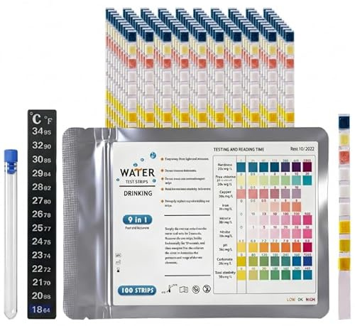 DASHUI 100 Stück Aquarium Teststreifen, Aquarium Zubehör für Wassertest, 9 in 1 Wassertest Teststreifen Erkennt Eisen Kupfer Nitrat Nitrit Wasserhärte Ph-wert Im Wasser