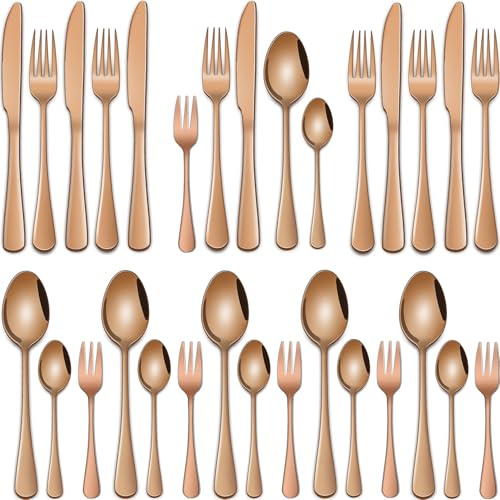 Rose Gold Cutlery Set for 6 People, 30-Piece Stainless Steel Flatware Set with Knives, Forks, Dinner Spoons, Teaspoons and Coffee Spoons, Mirror-Polished, Rust-Free, Dishwasher-Safe