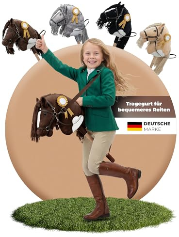 Hobby Horse Steckenpferd – Handgefertigtes Stockpferd für Kinder 4–12 Jahre - Realistisches Hobby Horsing Pferd mit verstellbarem Gurt & Turnierschleife (Braun & Weiß)