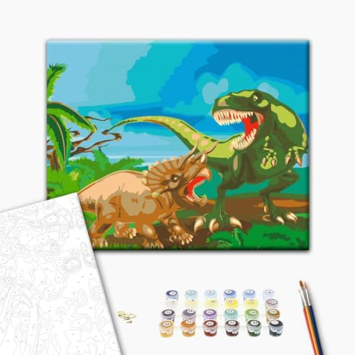 murando - Malen nach Zahlen Dinosaurier, 50x40 cm, Erwachsene, Kinder | Malset mit Holzrahmen, ideal für Erwachsene und Kinder, entspannendes Hobby, entspannend, hochwertig, langlebig, kreativ