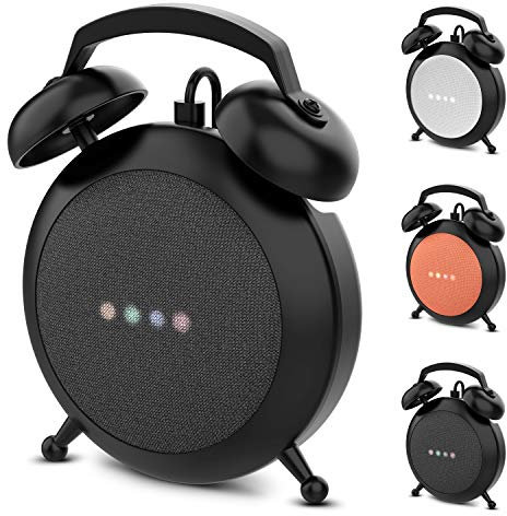 Wassers Tragbare elektronische Gerätehalterung, Schwarz - Google Home Mini und Nest Mini Ständer Halter mit Retro Wecker Design, Schutzhülle & Kabelmanagement