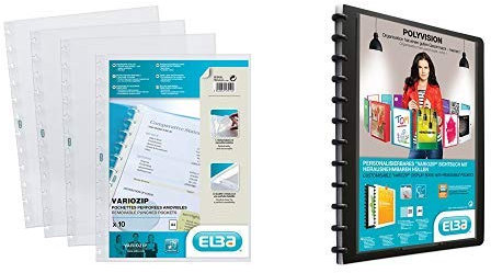 ELBA 100206869 Prospekthüllen 10er pack mit vario-zipp-Prinzip manageMe! Ersatzhüllen oben offen glasklar & ELBA 100421115 Kunststoff-Ringmappe polyvision DIN