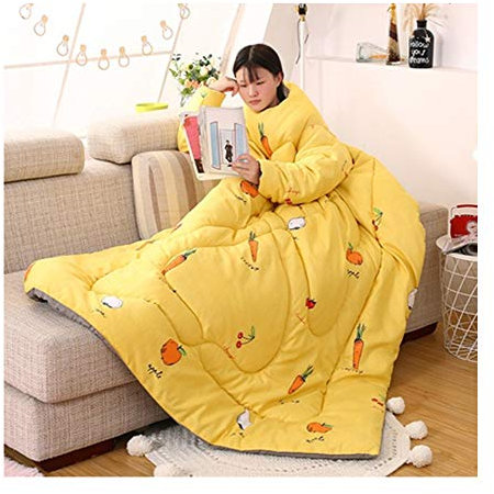 HOXMOMA Faule tragbare Decke mit Reißverschlüssen, verdickte tragbare Baumwolldecke mit Ärmeln, Warmer Schlafsack für Erwachsene, winddichter Umhang für Haus und Büro 59 * 79in,Gelb