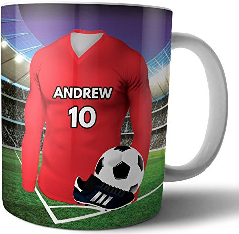 AK Giftshop Personalised Gift - Football Shirt - Mug -Tea Coffee Cup - Birthday - Christmas - Stocking Filler - Secret Santa - Any Team Colours (Manchester)