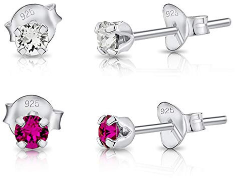 Set Orecchini Donna Argento 925 - Orecchini Punto Luce Argento 925 con Brillantini di Cristallo 3 mm - Orecchini Colorati - Orecchini a Perno - Orecchini a Lobo - Colore: Diamante + Fucsia