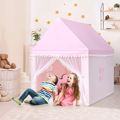 COSTWAY Tenda da Gioco Casetta per Bambini, Castello Giocattolo in Legno Cotone, con Struttura Stabile e Finestre Traspirabili, 105x120x140 cm (Rosa)